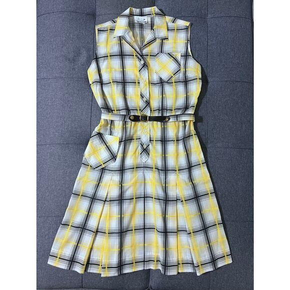 Serbin Golfer Dress Women Small* Black White Yellow Plaid Pleated Belted - Picture 2 of 10